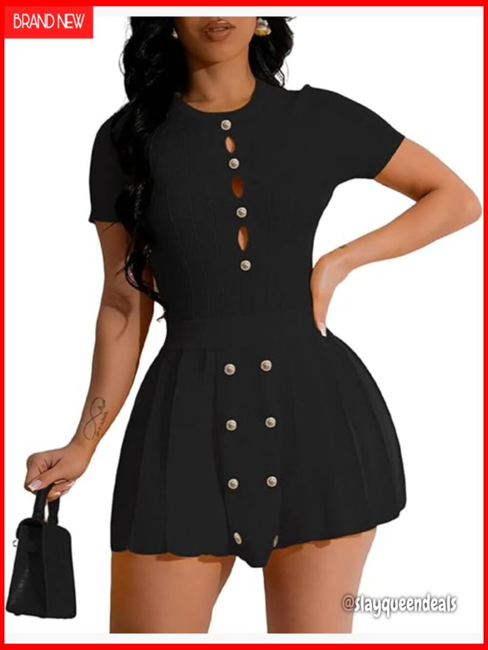 Large Knit Crop Top Pleated Mini Skirt Set Short Sleeve Summer Party Outfit